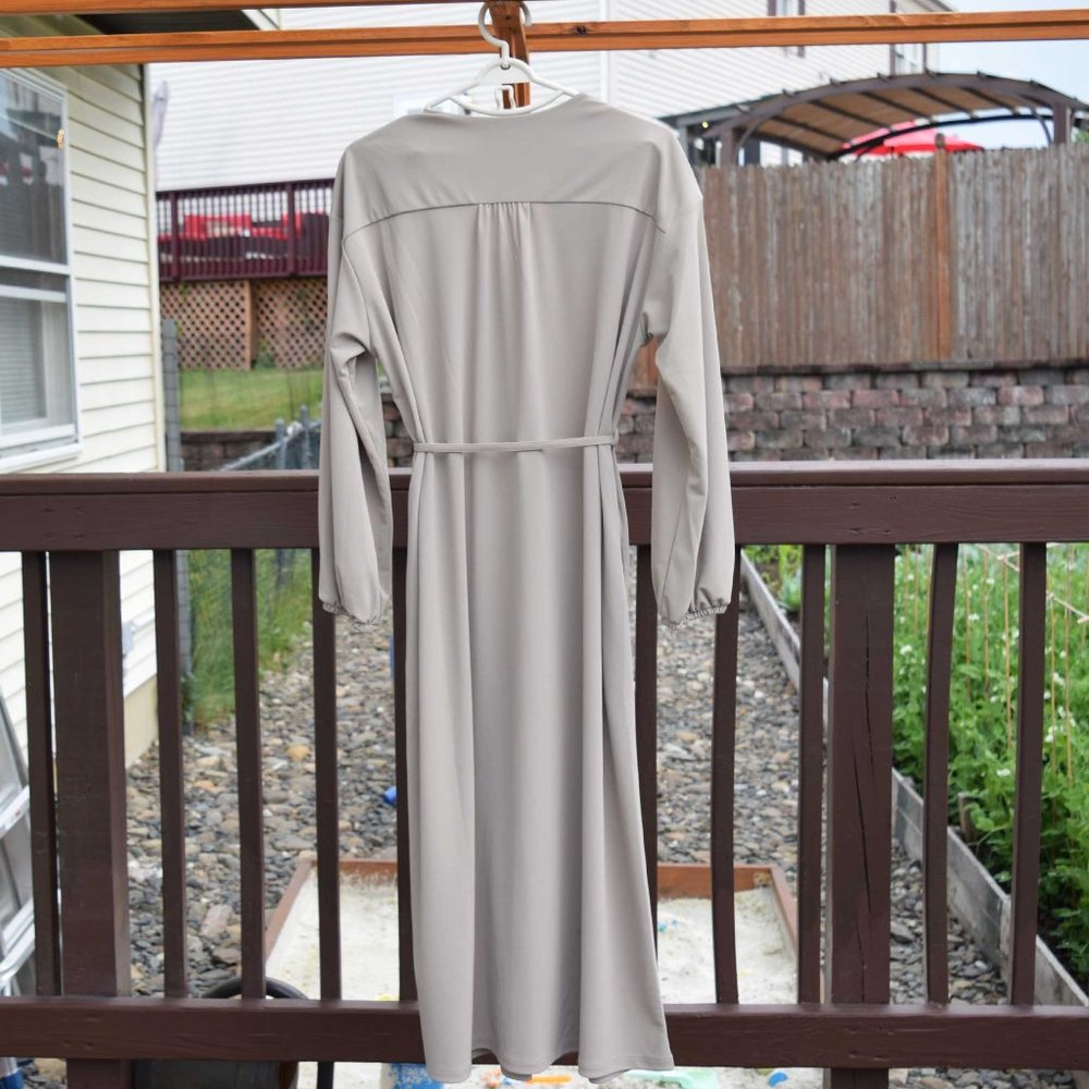 Uniqlo Solid Khaki Dress Long Sleeve - V Neck Shirt Dress - Picture 3 of 5